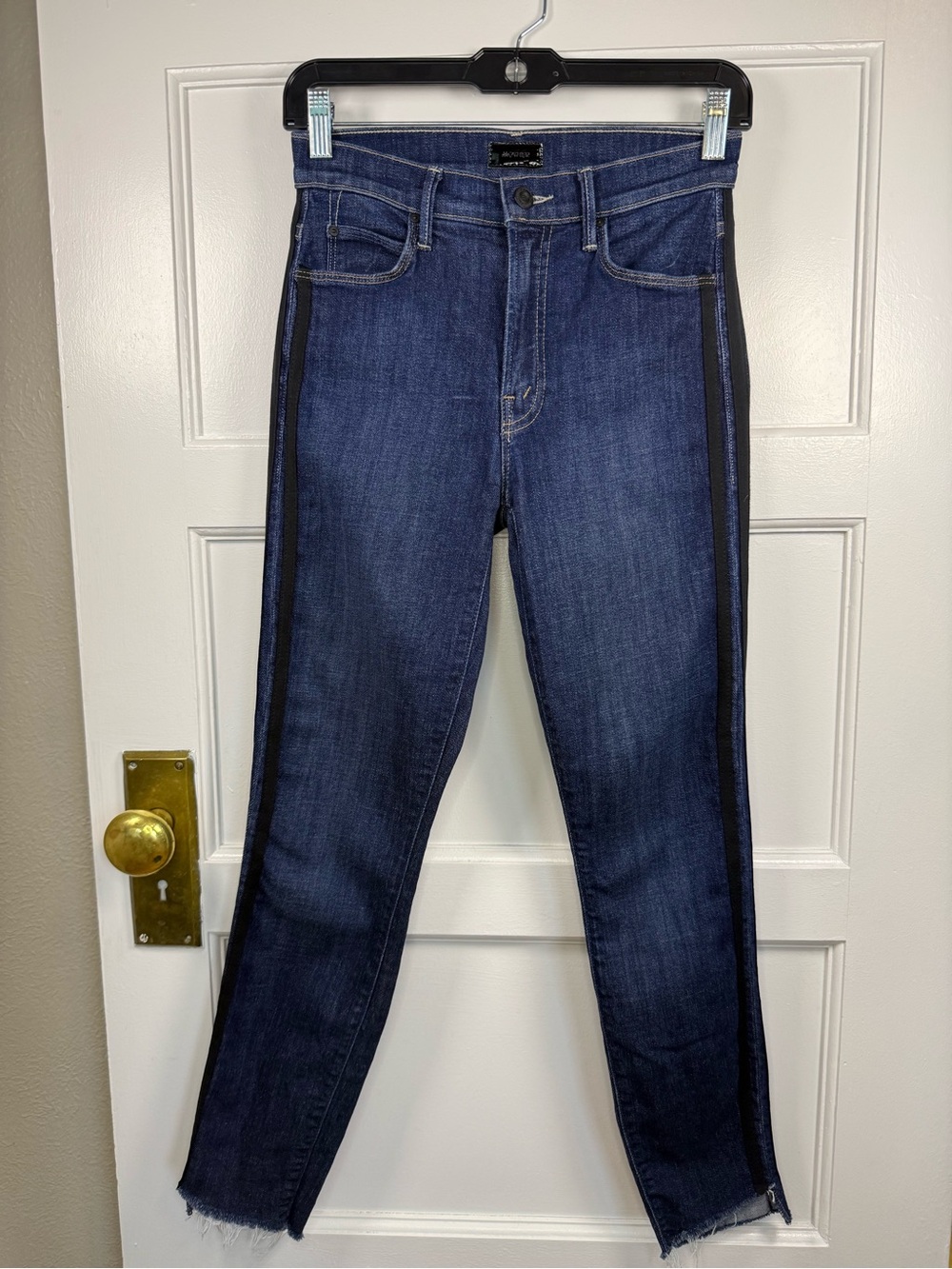 MOTHER Stunner Zip Ankle Step Fray Jeans with Black Track Stripes